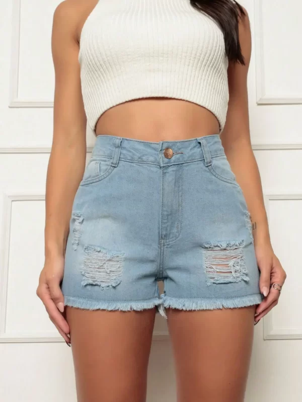 Shorts Jeans Feminino Detalhes Rasgados Puídos Moda Verão Fashion - Image 2